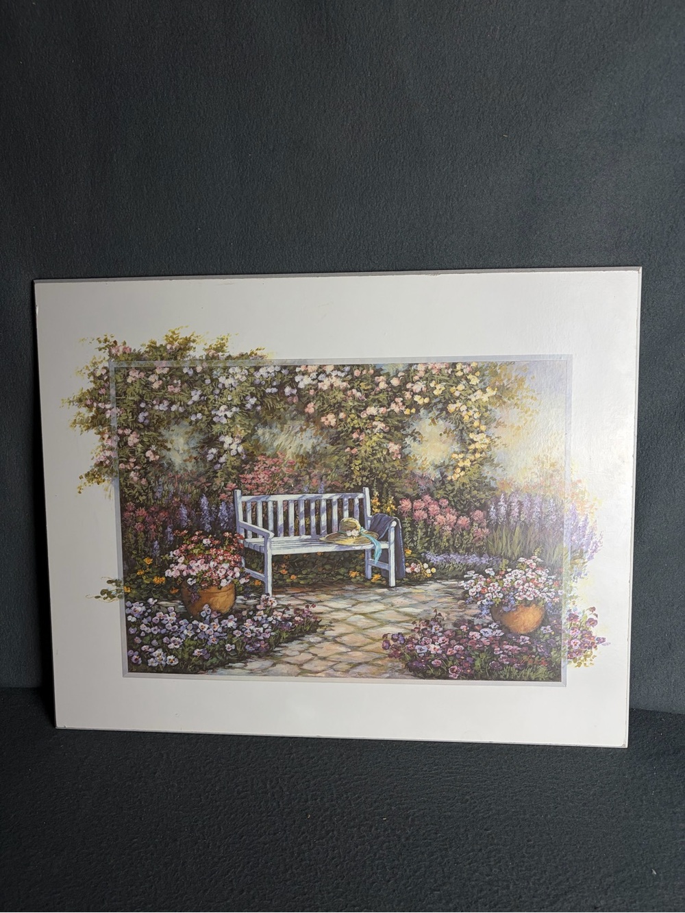 Vintage Cottagecore Garden Bench Floral Patio Art Print Trellis Wall Decor